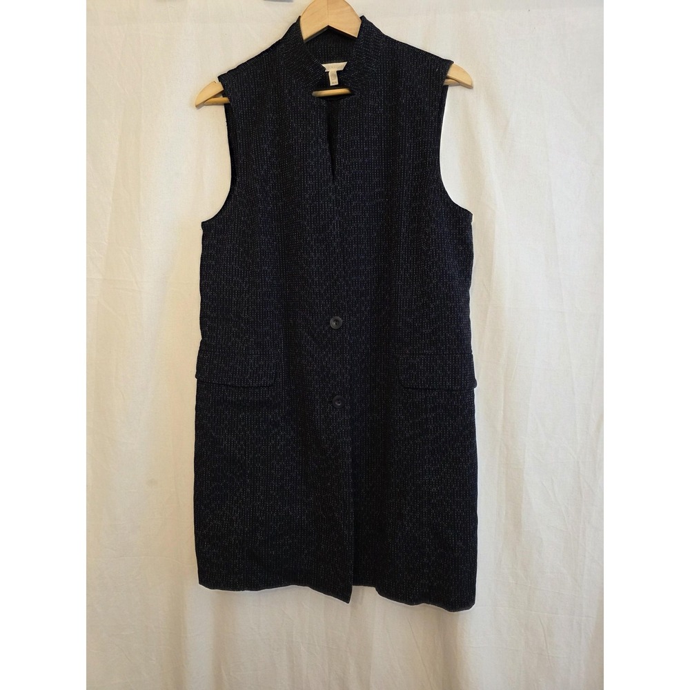 Eileen Fisher Vest Womens Medium Black Organic Cotton Long Button Front Tweed